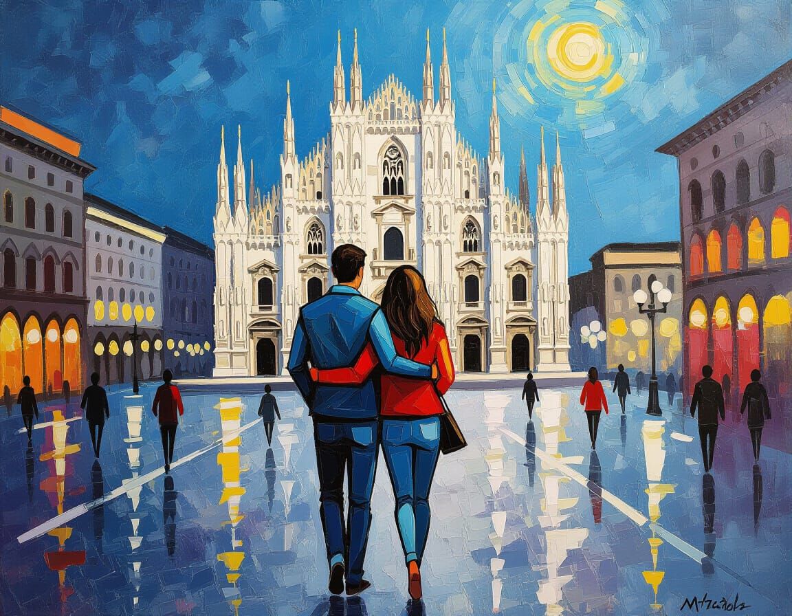 Couple in Milan in Abstract Expressionist Style