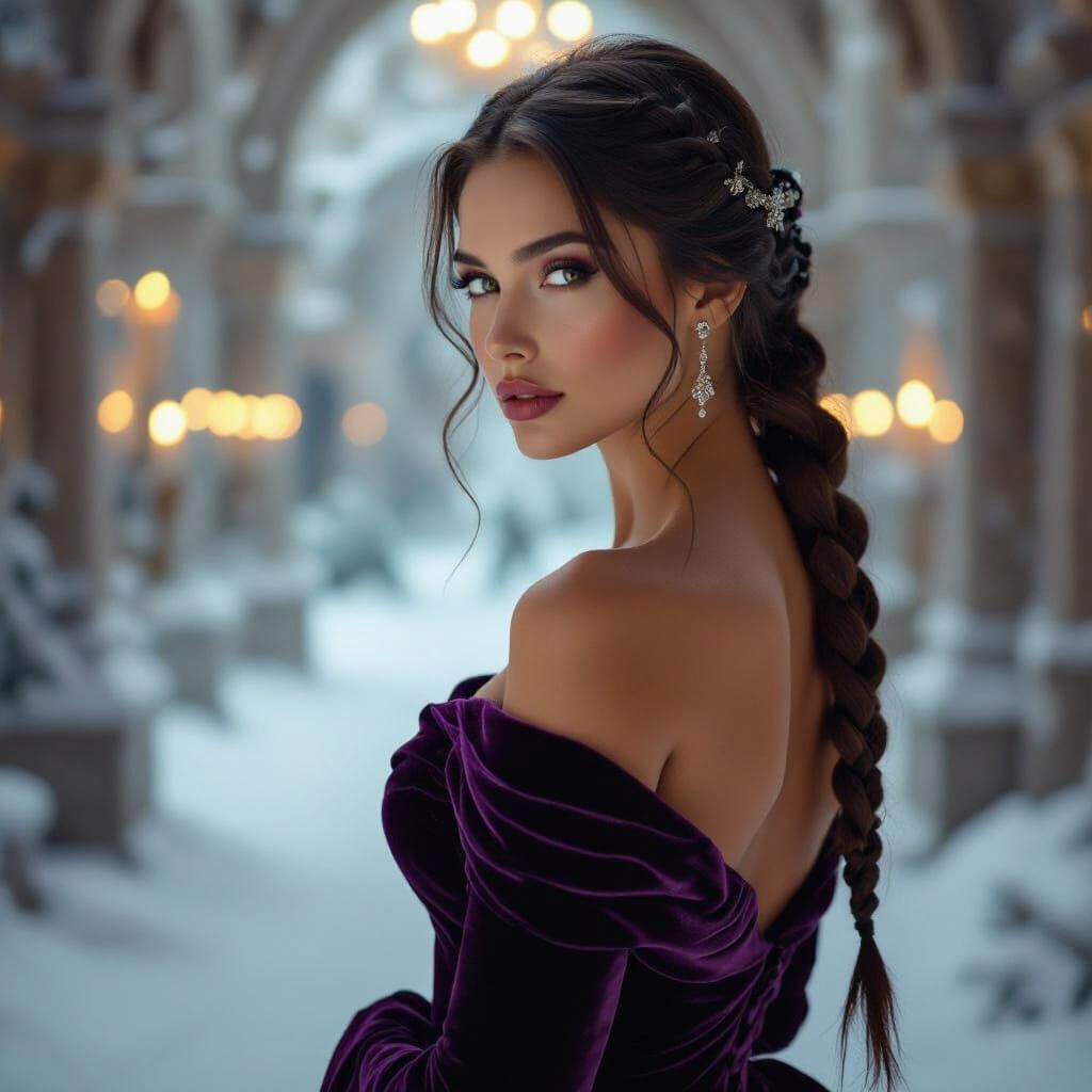 Futuristic Italian Warrior Princess in Winter Palace