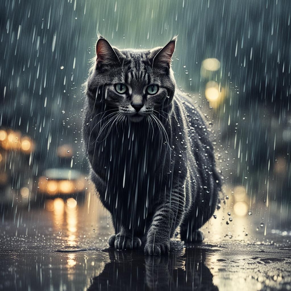 Wet Cat in Pouring Rain with Splashing Drops