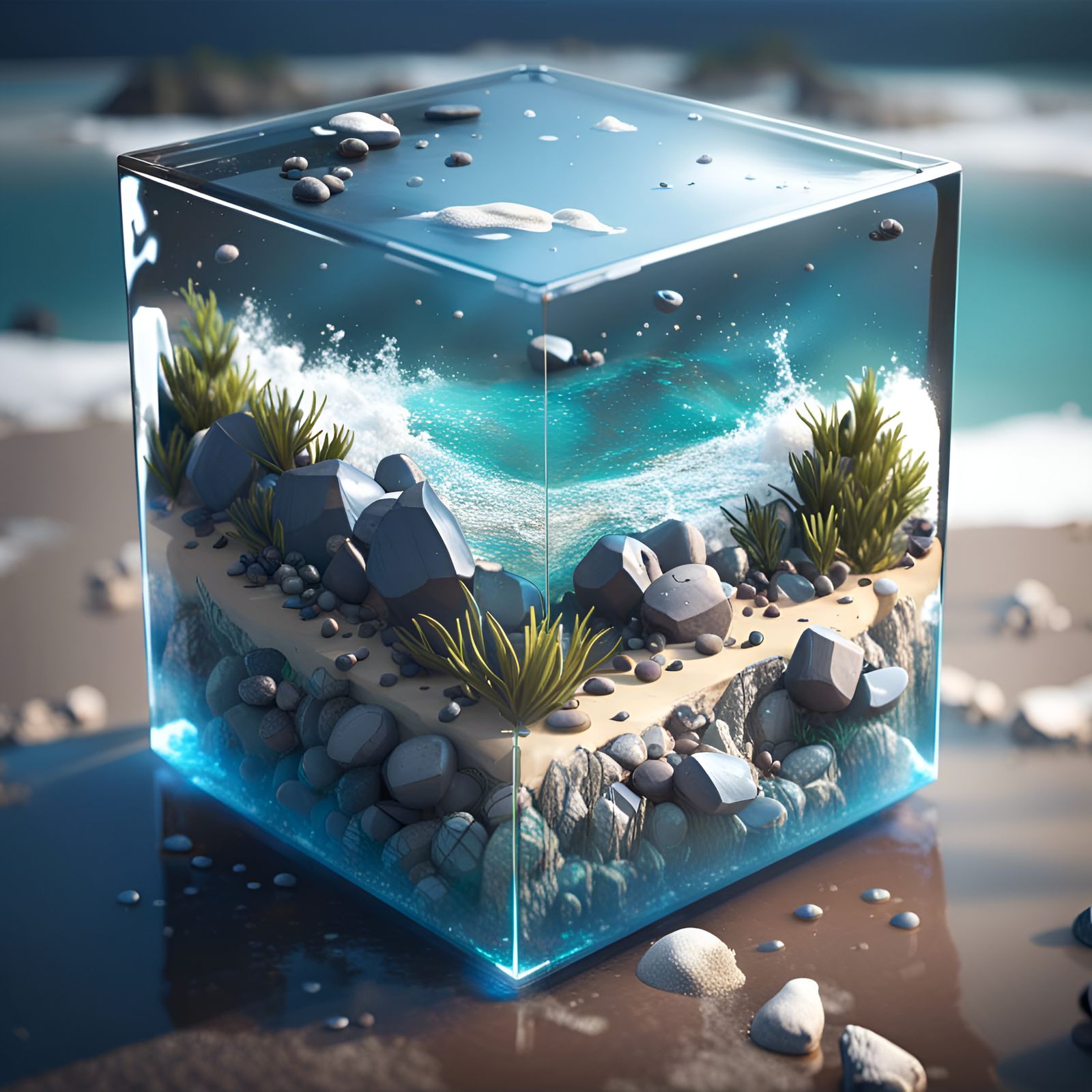 Shoreline in Glass Cube: 3D Cinematic Graphics