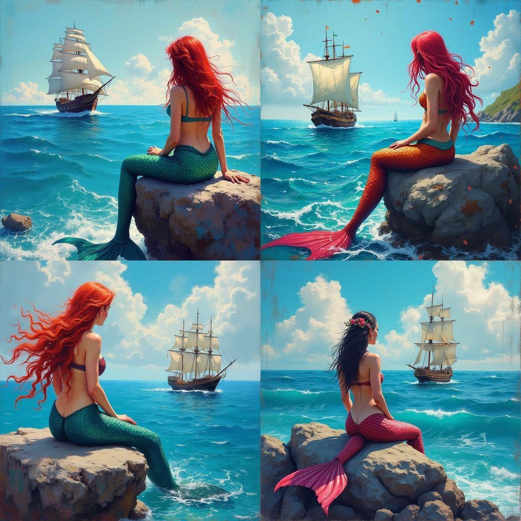 Sultry Mermaid Gazing Out at a Majestic Ocean Scene in Vibra...