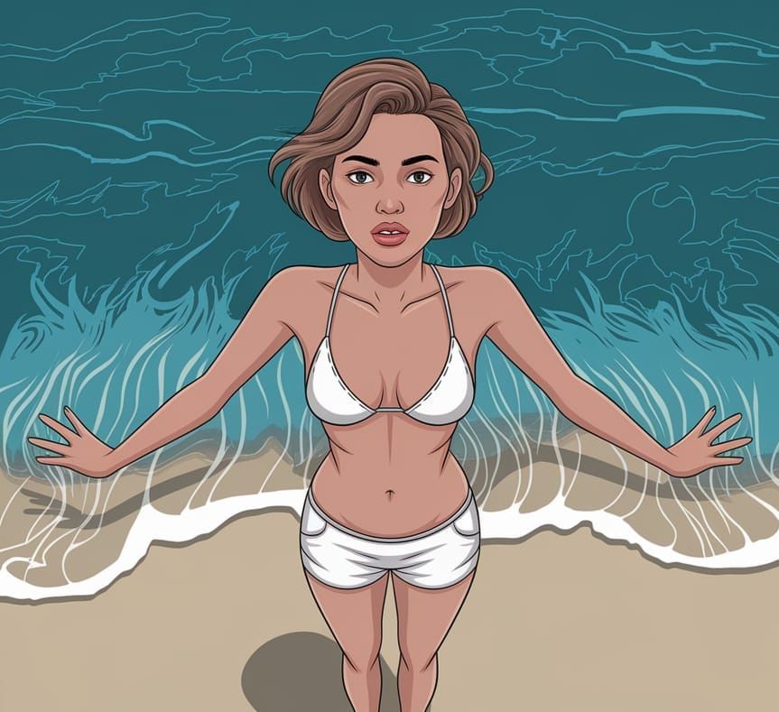 Cartoon Grotesque: Bikini Woman on Beach
