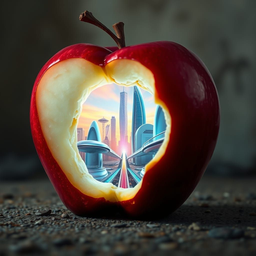 Surrealistic Apple Portal to Futuristic Metropolis