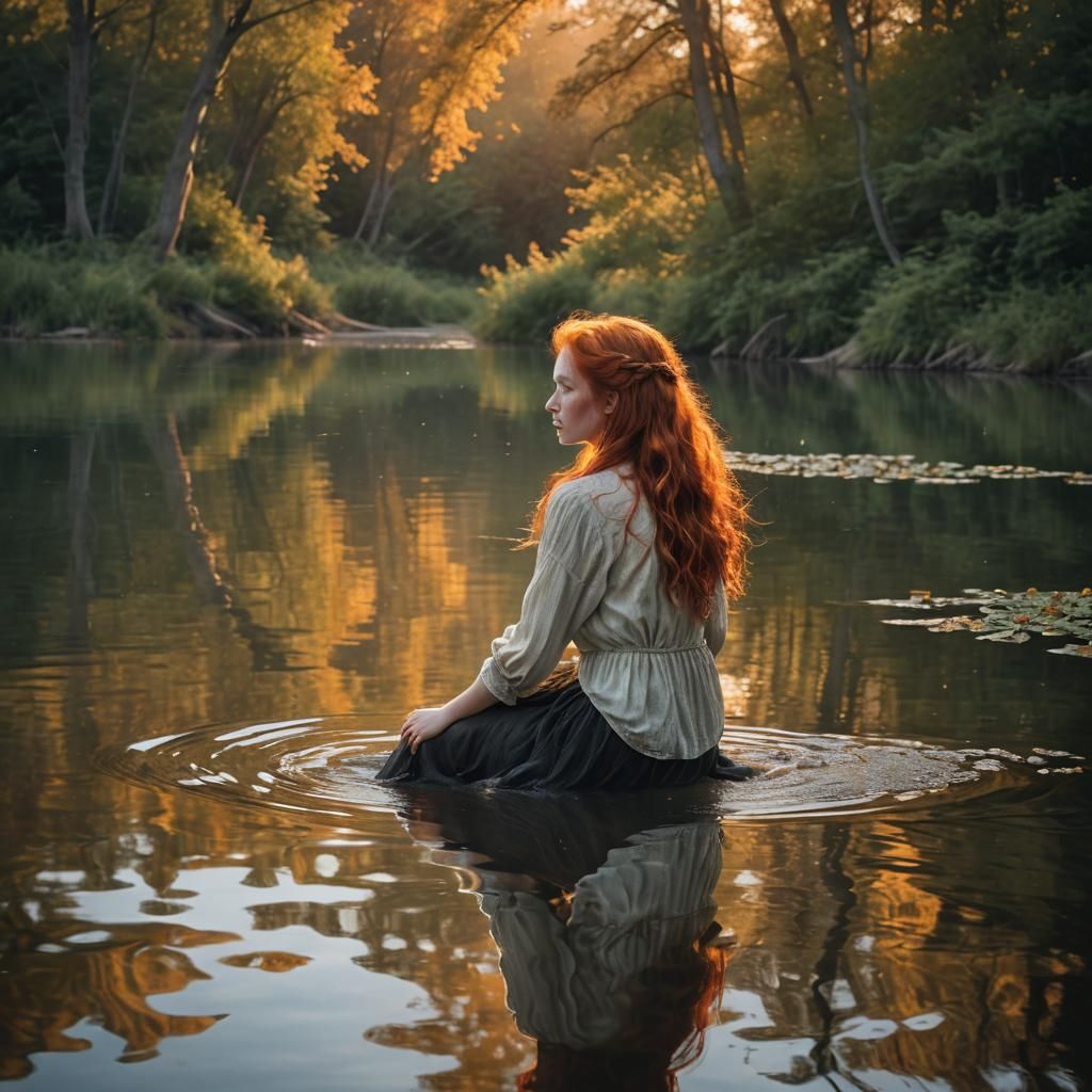 Ethereal Redhead by a Lake in Gothic Style