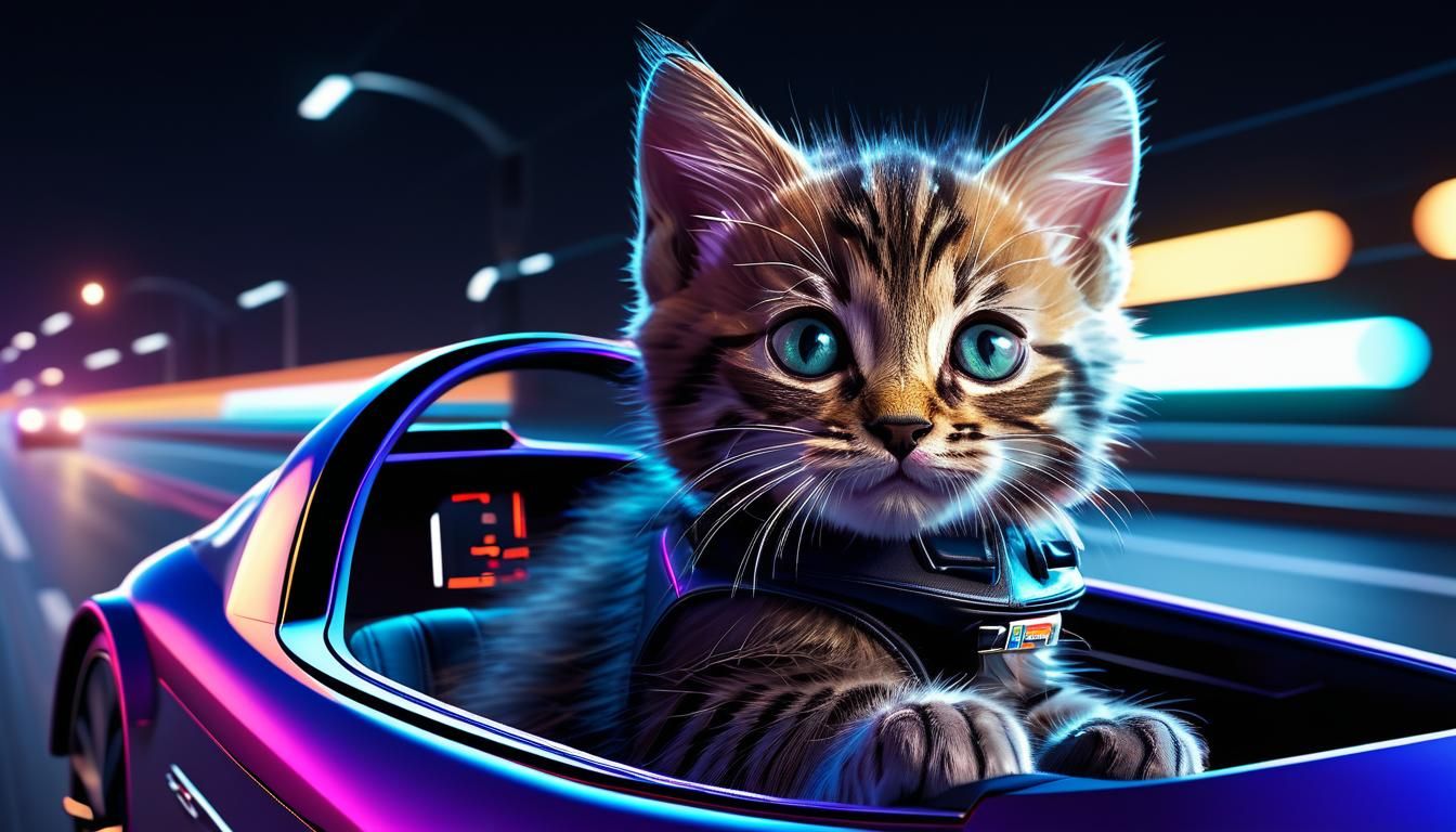 Kitten in Neon Sports Car: Hyperrealistic Concept Art