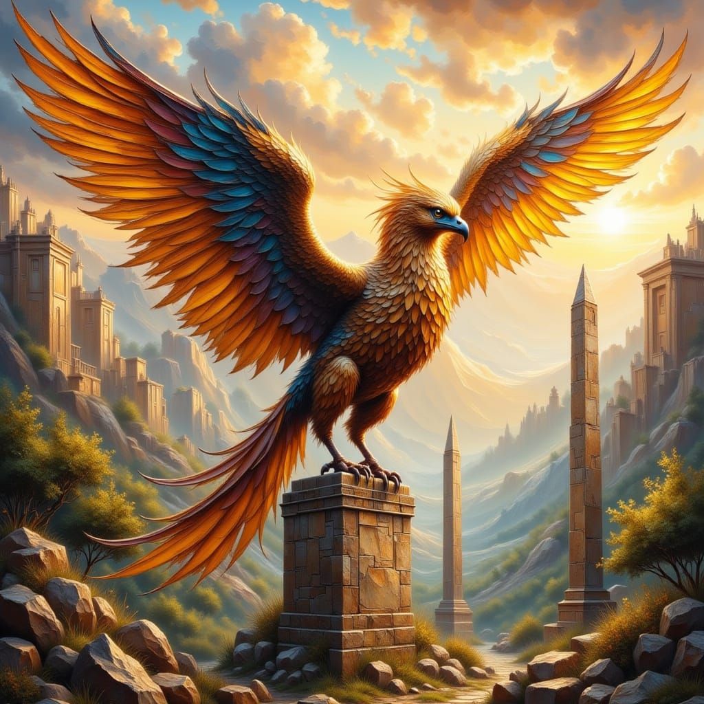 Griffin Perched on Obelisk in Dreamlike Style