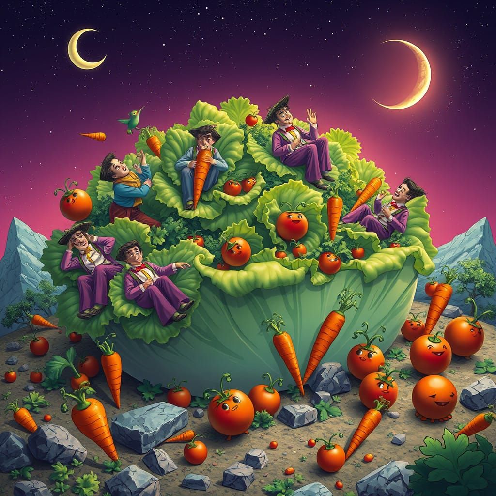 Vibrant Planet Salad Teeming with Whimsical Figures
