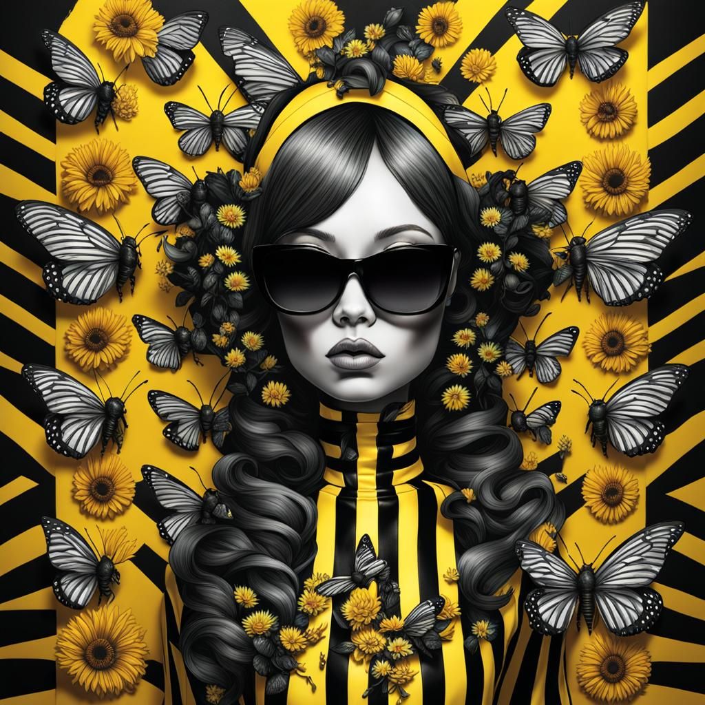 Chibi Cyber neon bee bot woman with butterfly wings surrounded by bees pollenating neon surreal flowers in front o...