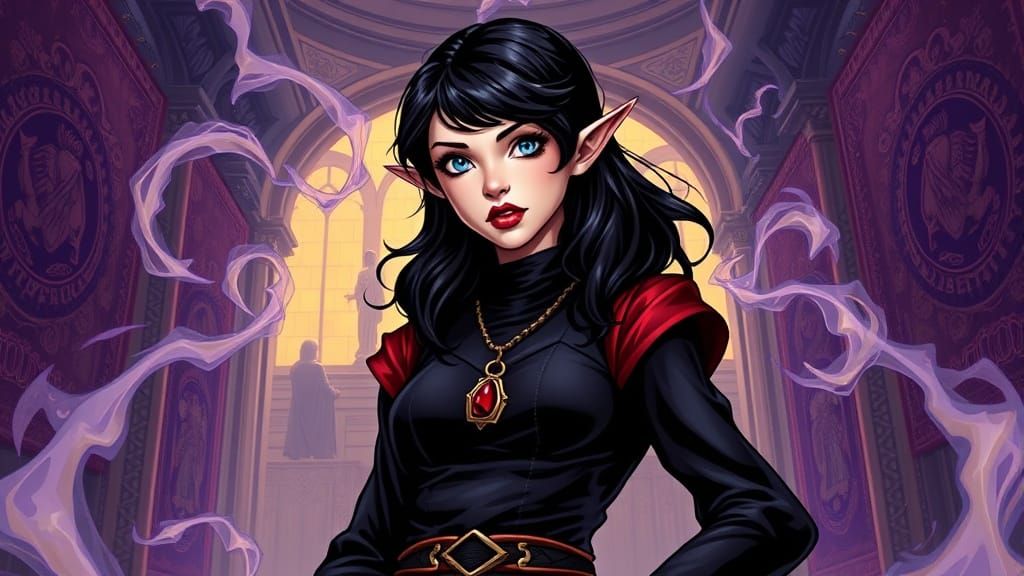 Elegant Half-Elf Warlock in Grand Hall of Arcane Energies