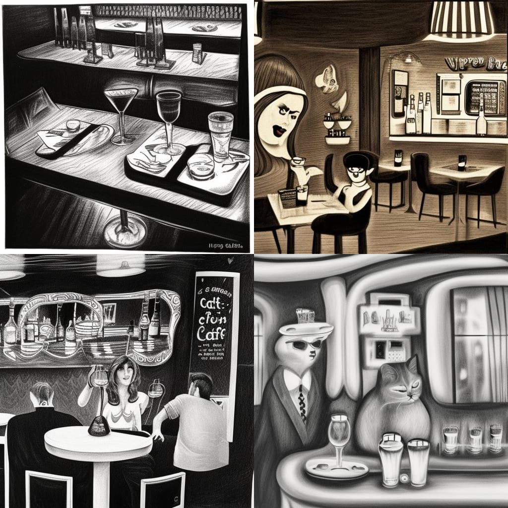 Hyperdetailed Charcoal: Raining in a Retro Cat Cafe
