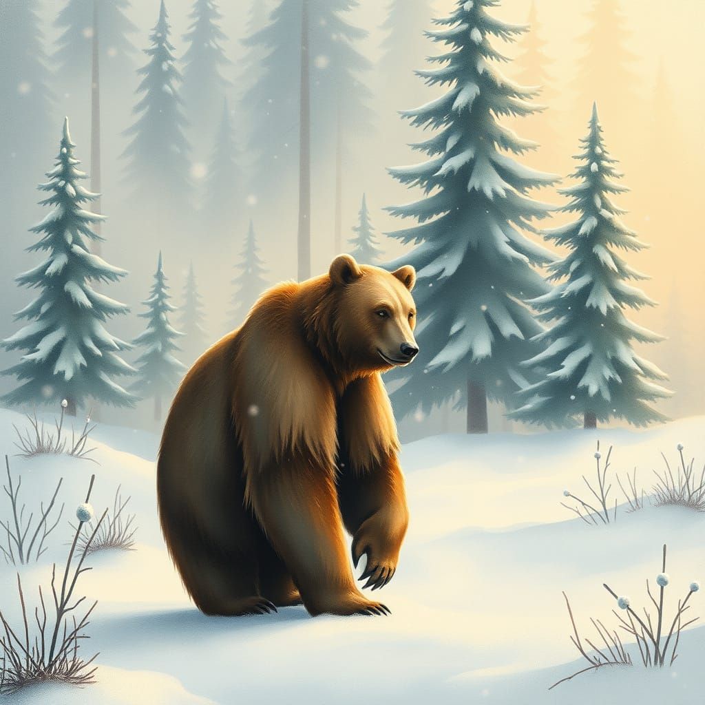 Whimsical Winter Bear in Snowy Forest