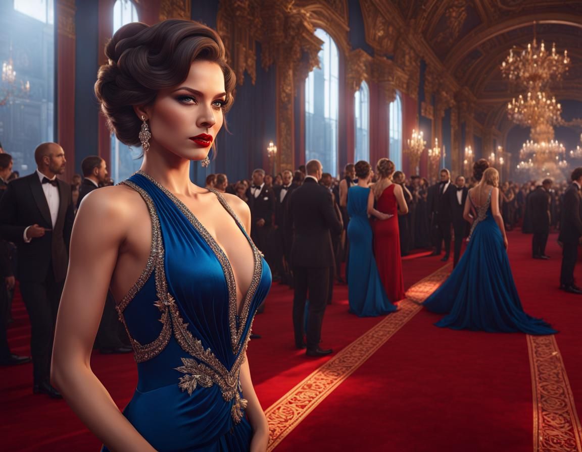 Woman in Blue Velvet Gown, Hyperdetailed Portrait