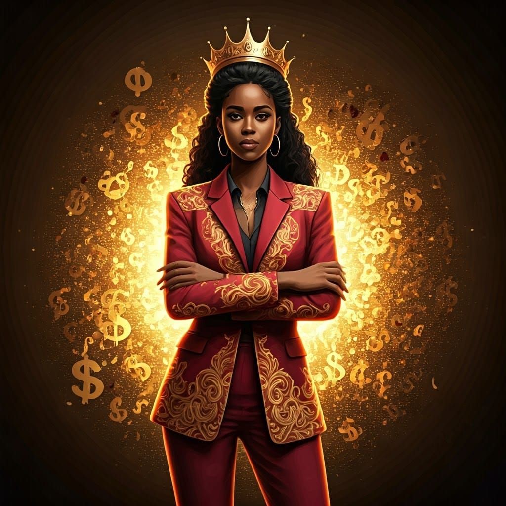 Confident Woman in Crimson Suit, Anime Style