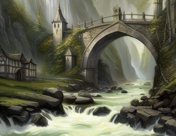 Stone Bridge Over River: Ethereal Fantasy Landscape