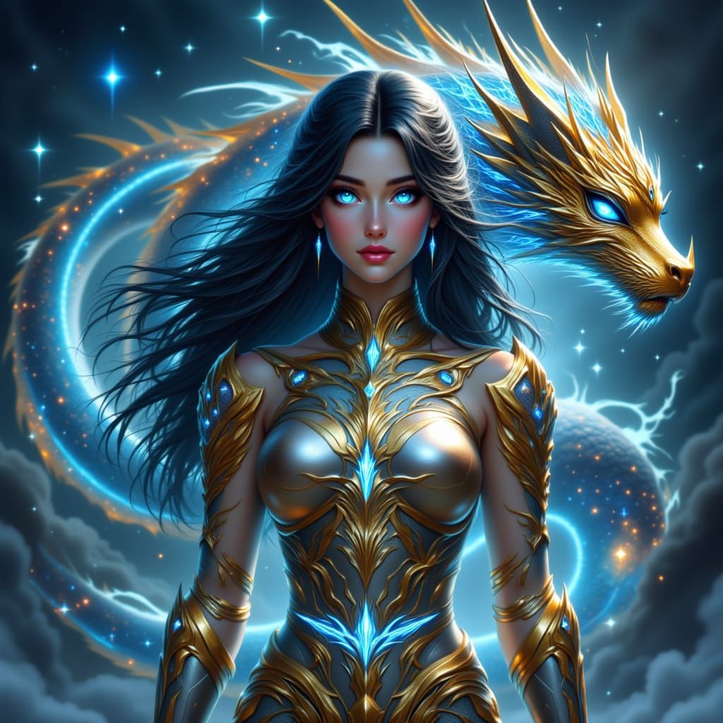 Warrior Princess with Bioluminescent Armor and Dragon