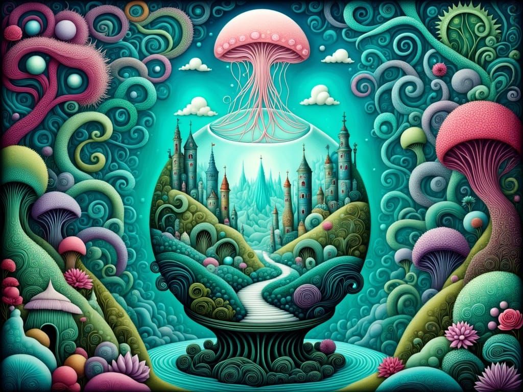 Steampunk City in a Glass Fishbowl, Surrounded by Oceanic Wo...