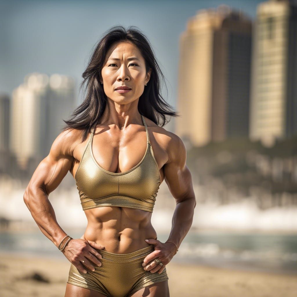 Muscular Asian Bodybuilder in Gold Bikini on Beach