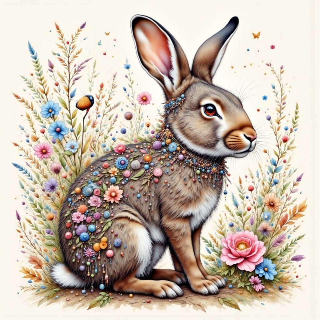 Intricately detailed alcohol ink illustration, Folk Art Bunn...