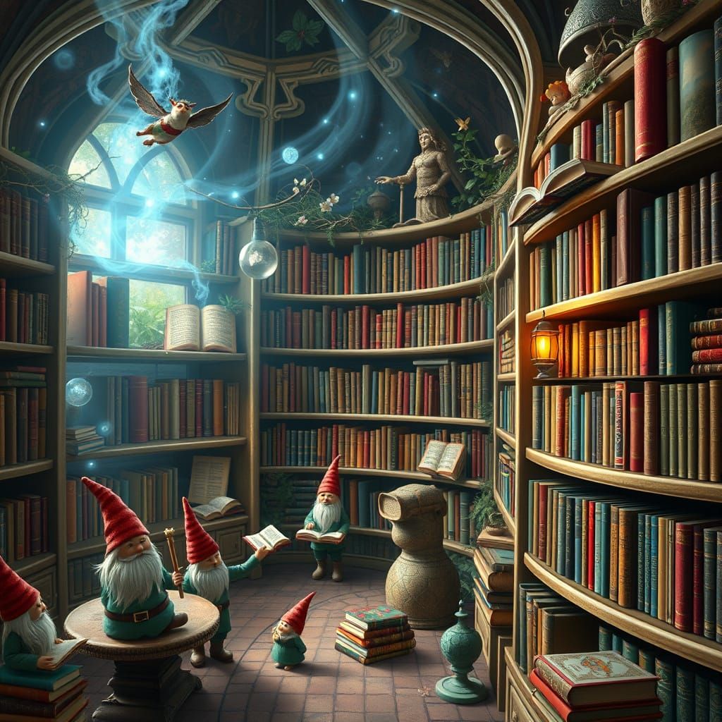 Whimsical Fantasy Library with Gnomes and Fairies