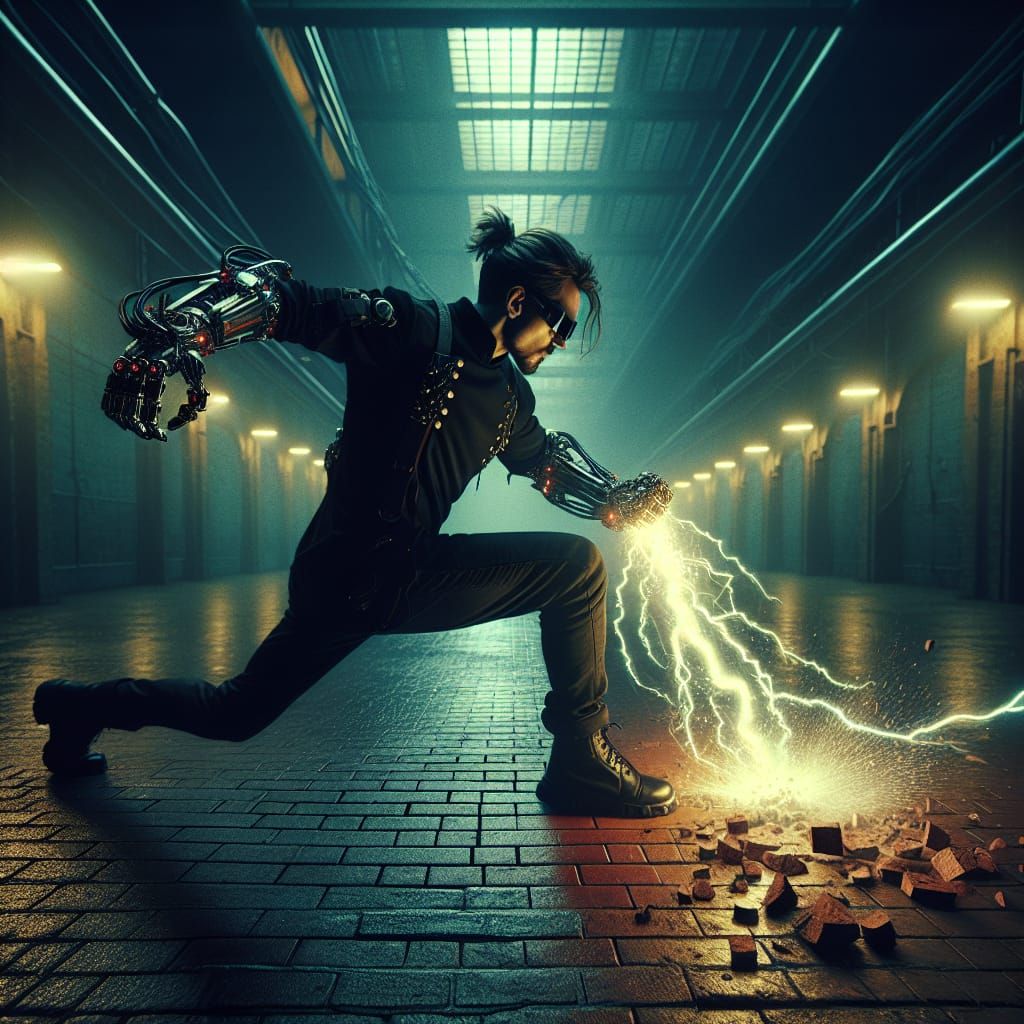 Cyberpunk Tesla Shatters Floor with Energy Wave