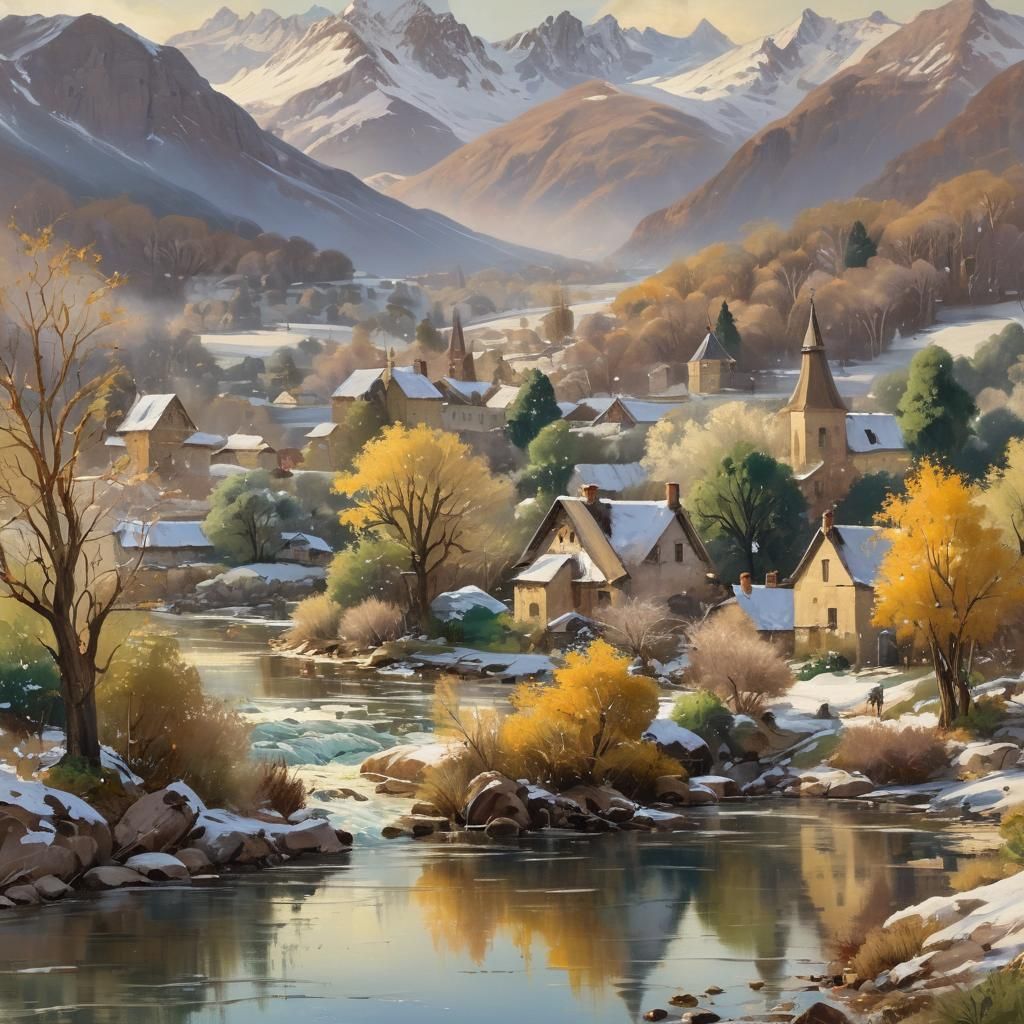 Idyllic Village River Scene in Impressionist Style