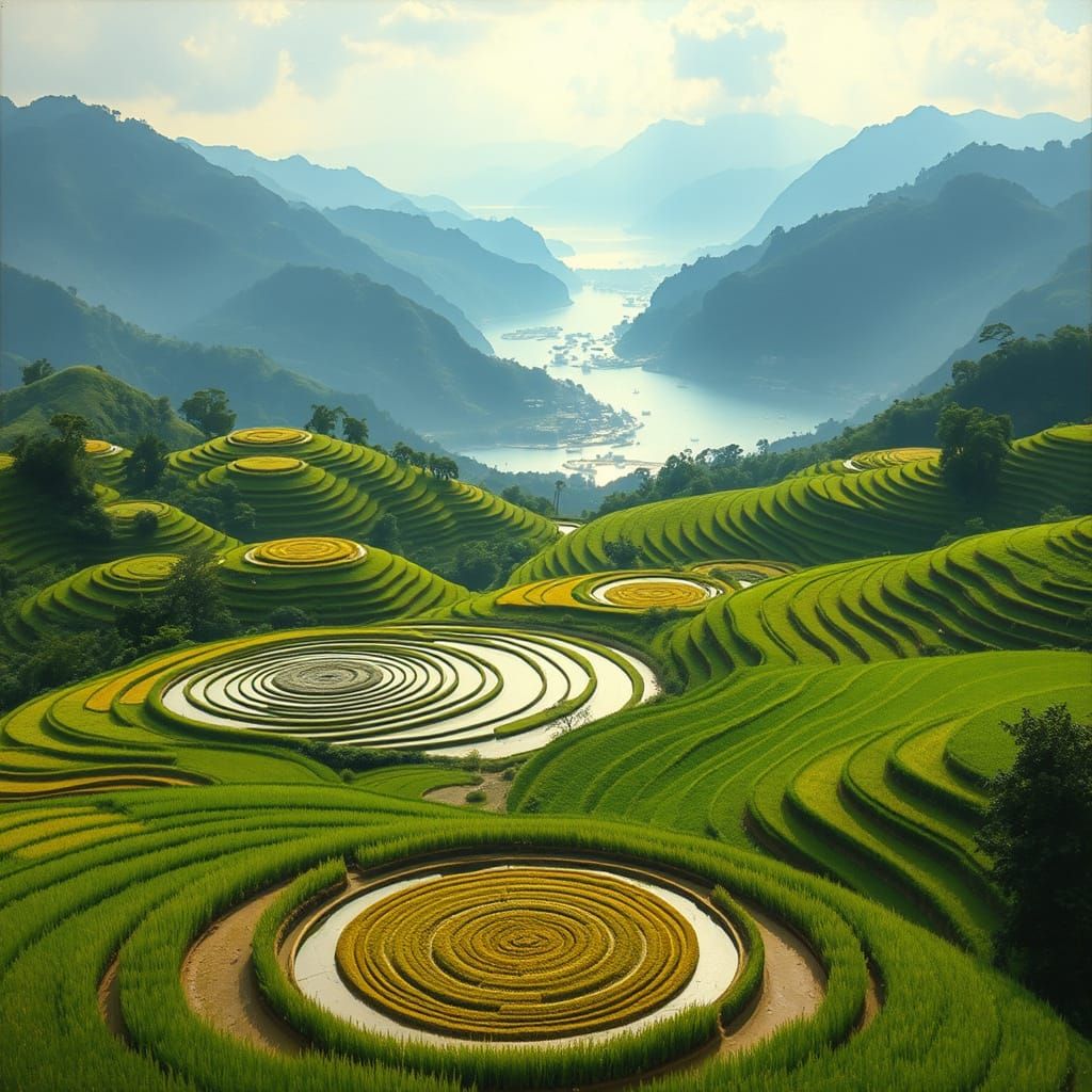 Lush Rice Paddy Fields with Majestic Crop Circles