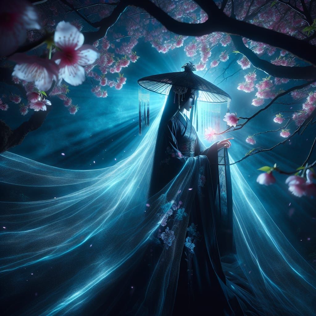 Mystical Chinese Woman Under Sakura Tree at Night