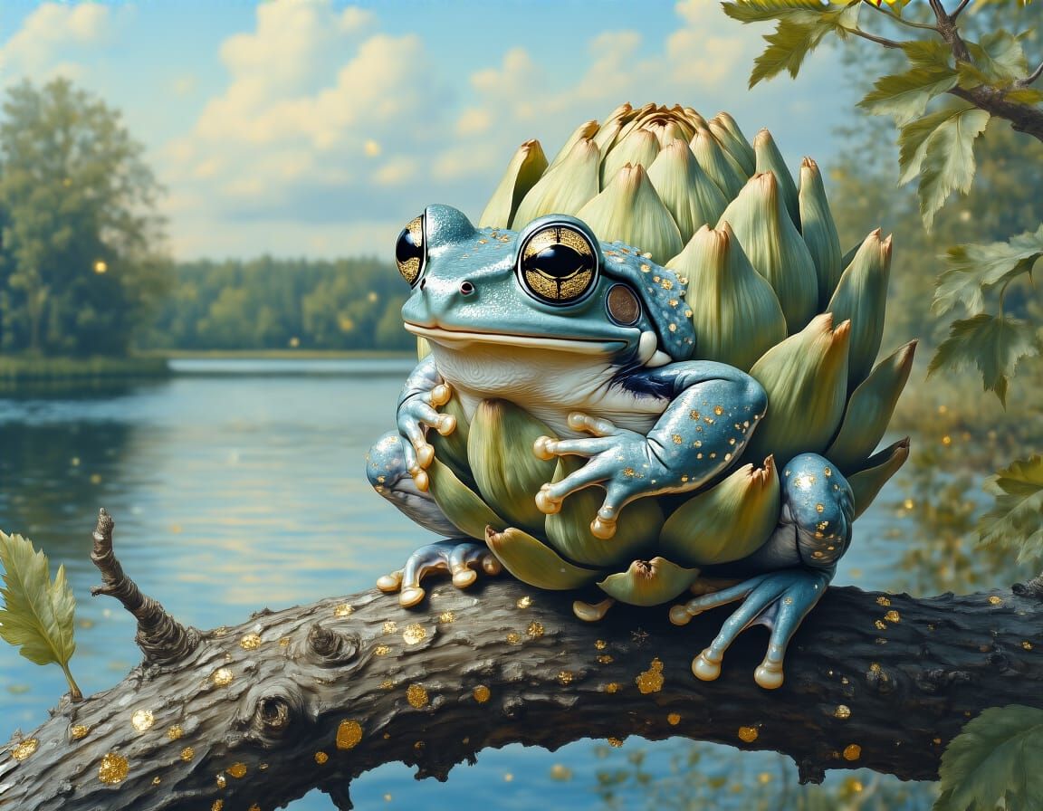 Gold Speckled Artichoke Frog by a Lake