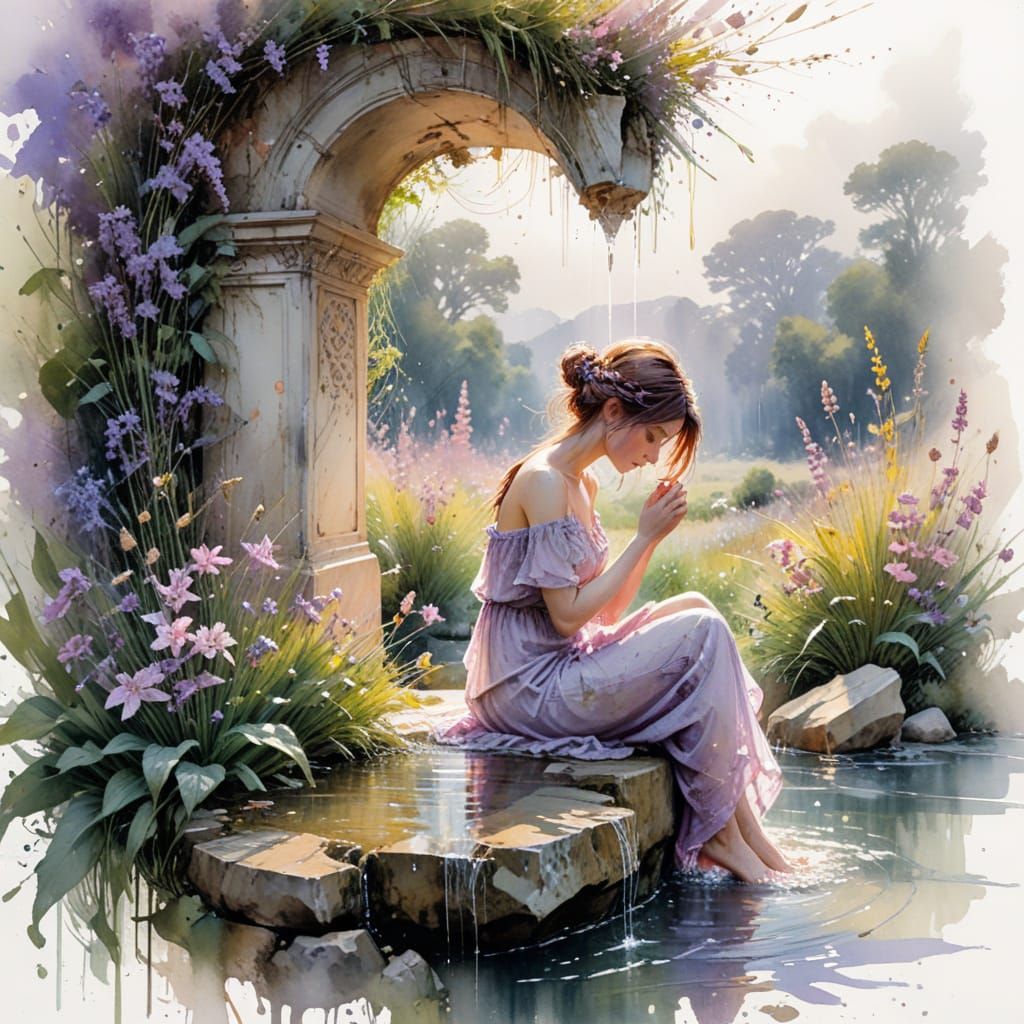 Stone Fountain in Spring Meadow: Watercolor Art