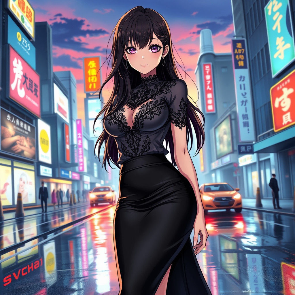 Anime-Inspired Woman in Futuristic Cityscape at Dusk