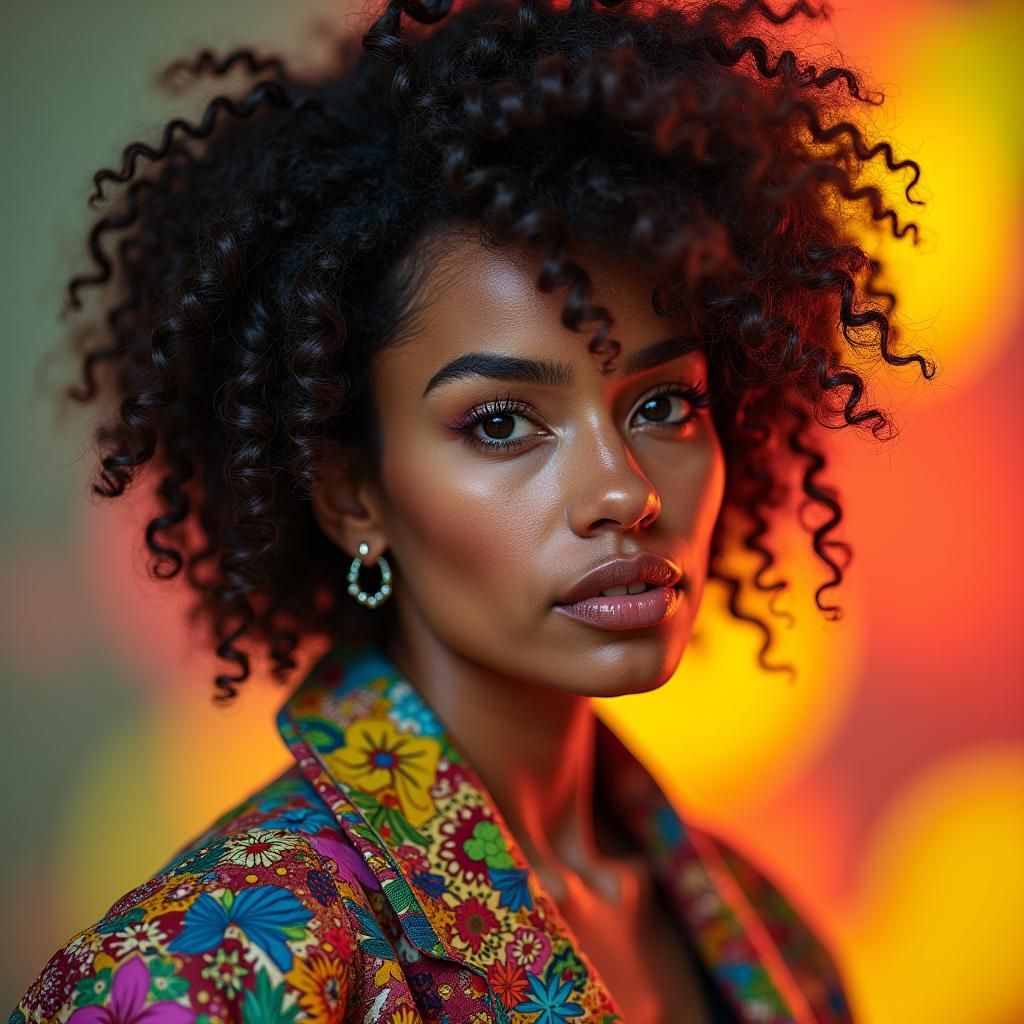 Confident Woman in Vibrant Outfit: Hyperrealistic Portrait