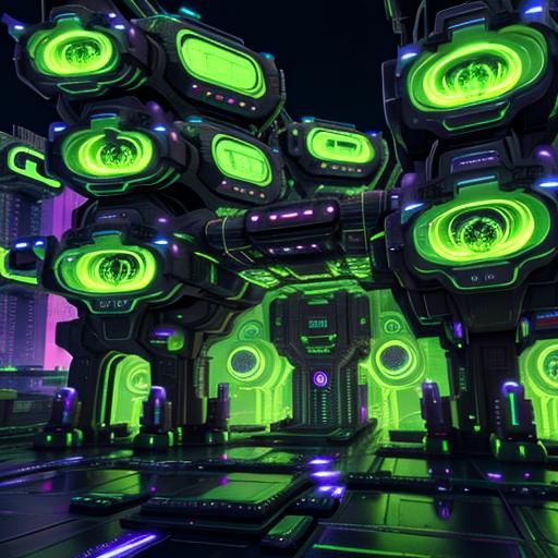 Cyberpunk Cityscape with Neon Temple