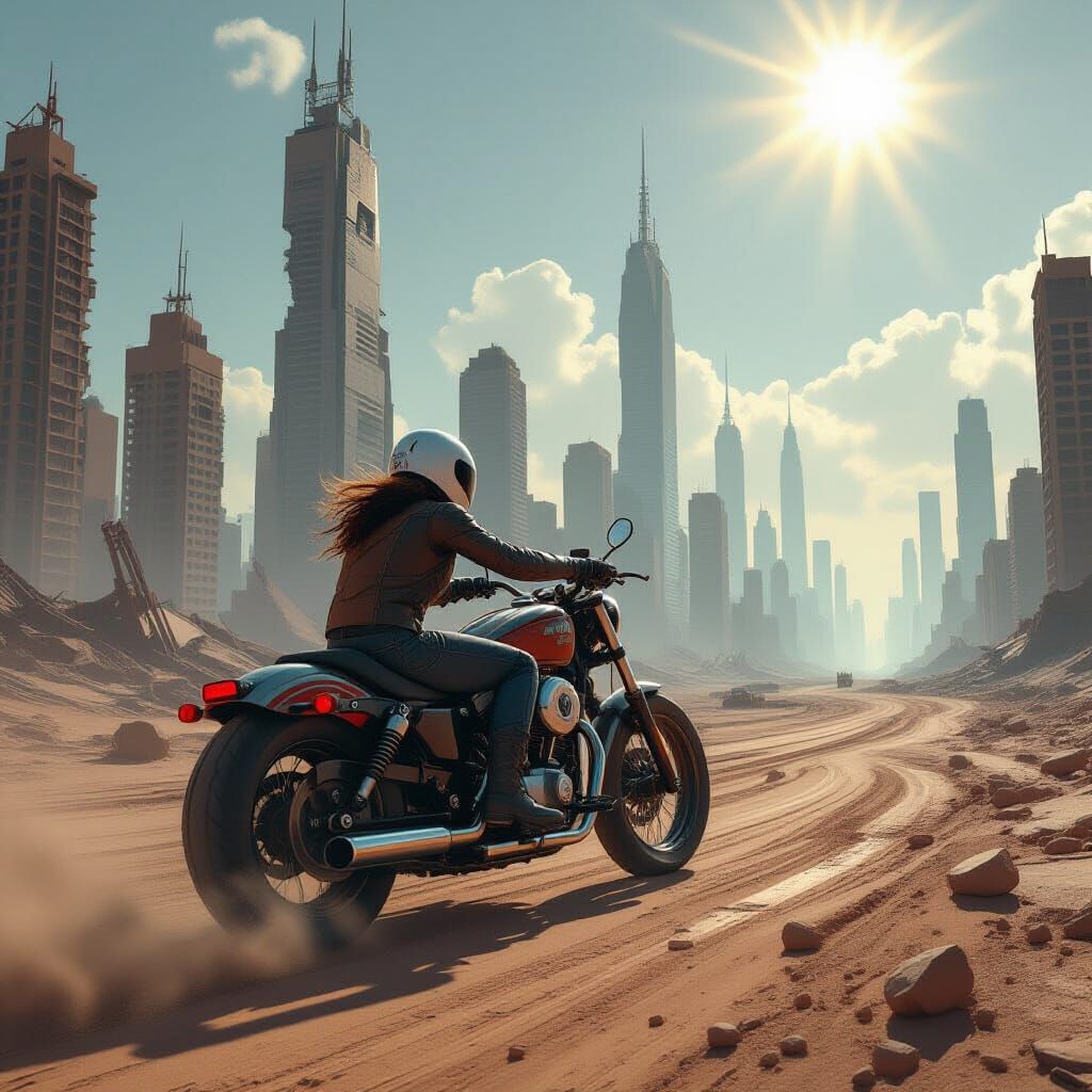 Post-Apocalyptic Motorcyclist in Wasteland Ruins