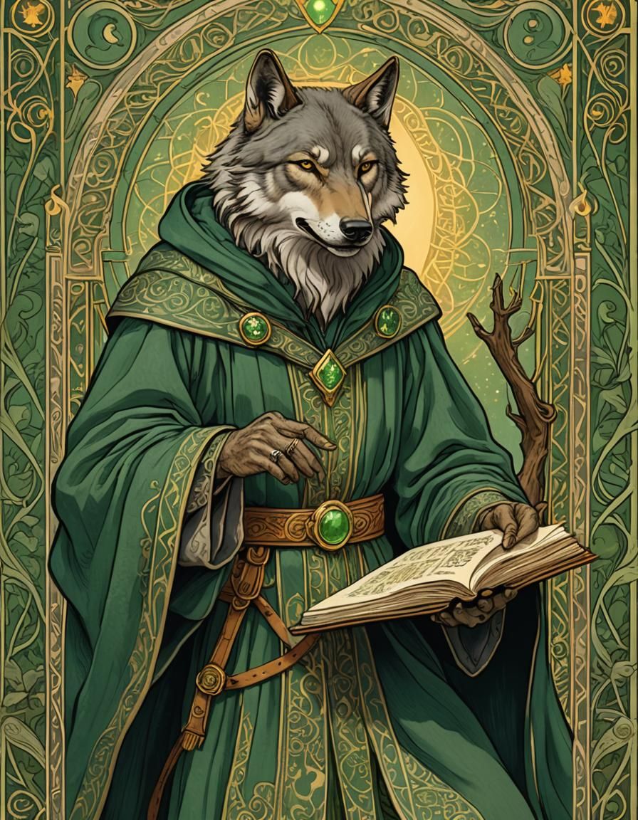 Art Nouveau Wolf Wizard Tarot Card