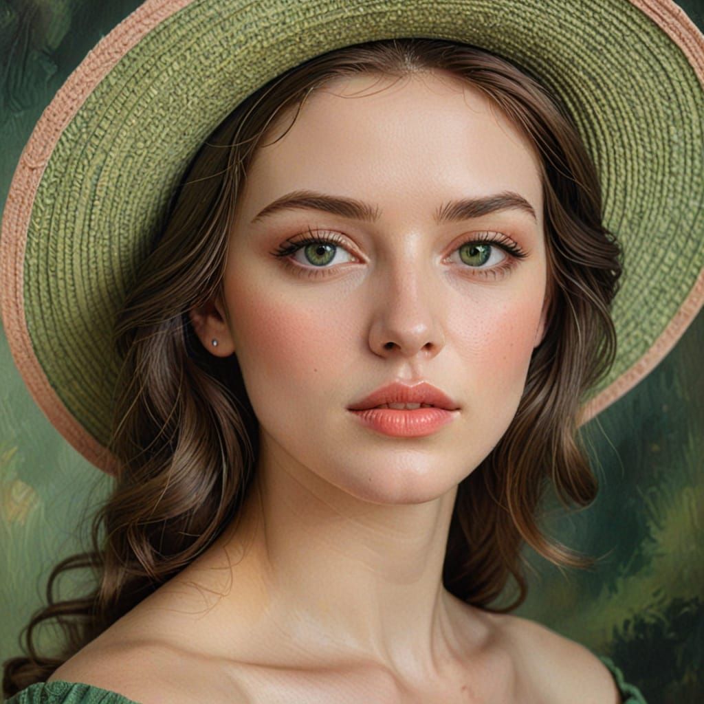 Elegant Portrait of a Woman in Green as Oil Painting