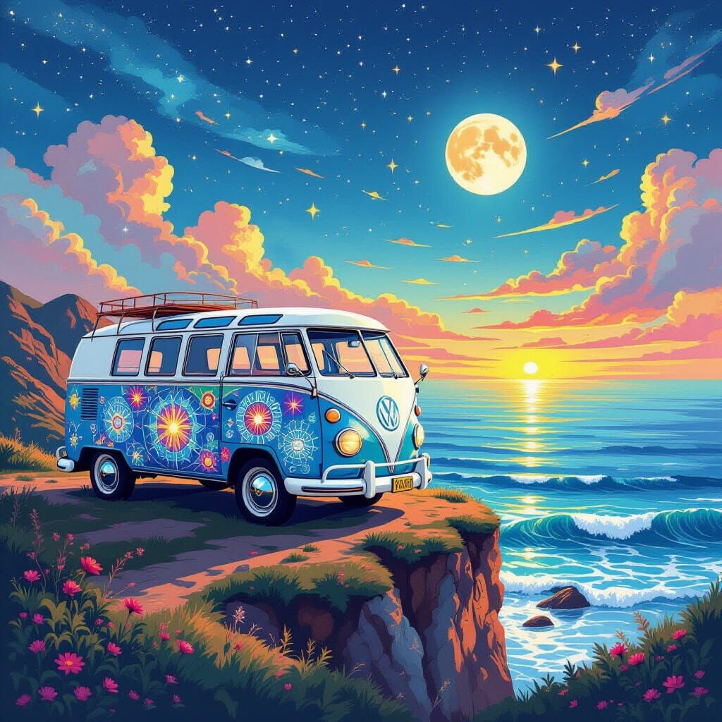 Vintage Art Studio Van on Dreamlike Ocean Cliff