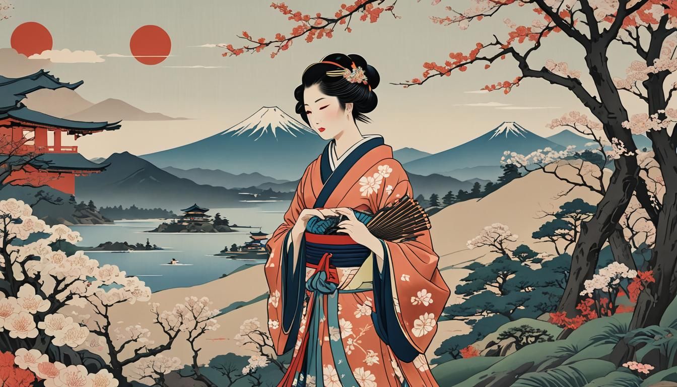 Mount Fuji in Ukiyo-e Japanese Woodblock Style