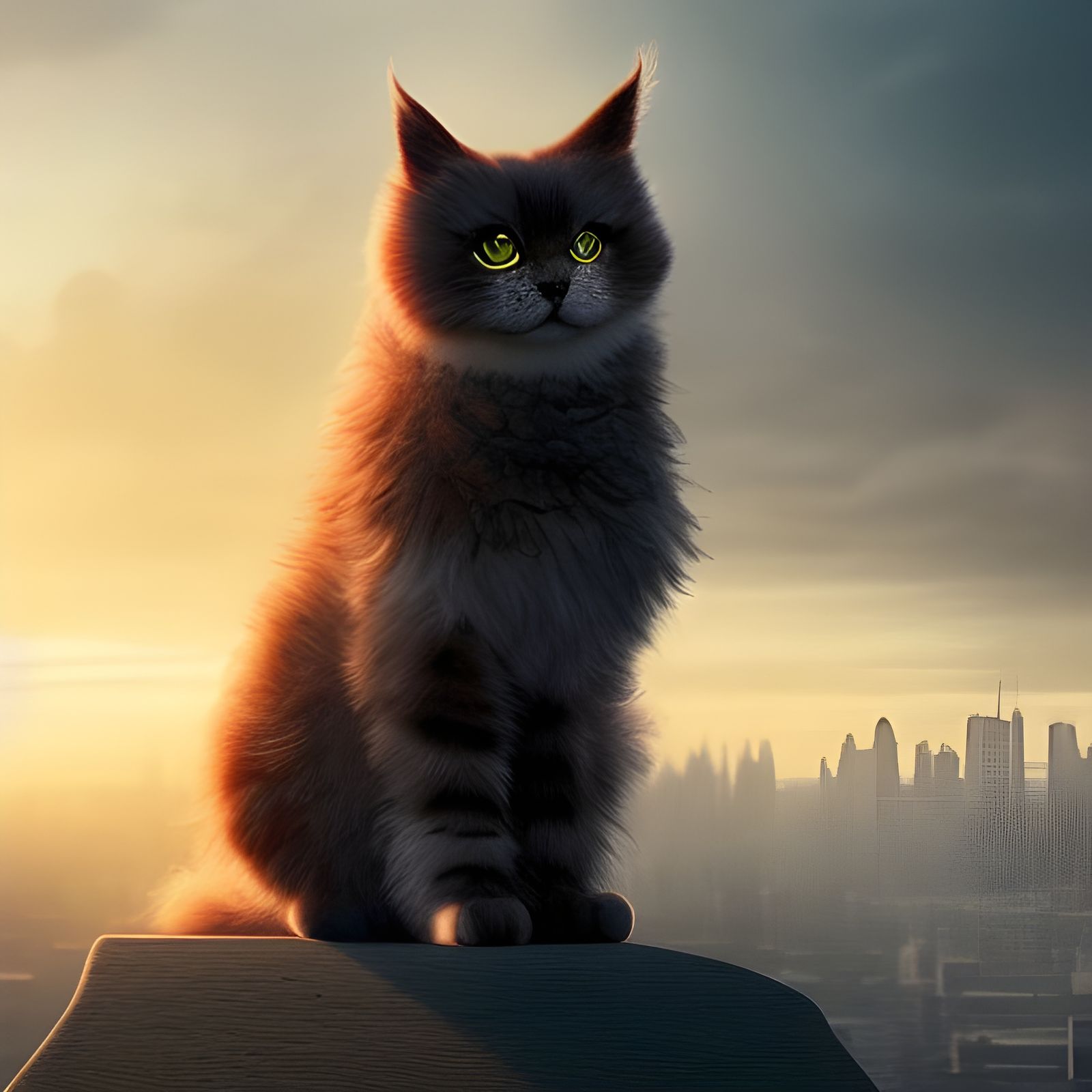 Fluffy Cat in Futuristic Cityscape at Sunrise