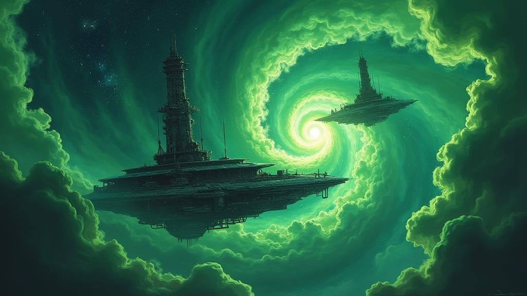 Futuristic Space Station in a Vibrant Green Nebula