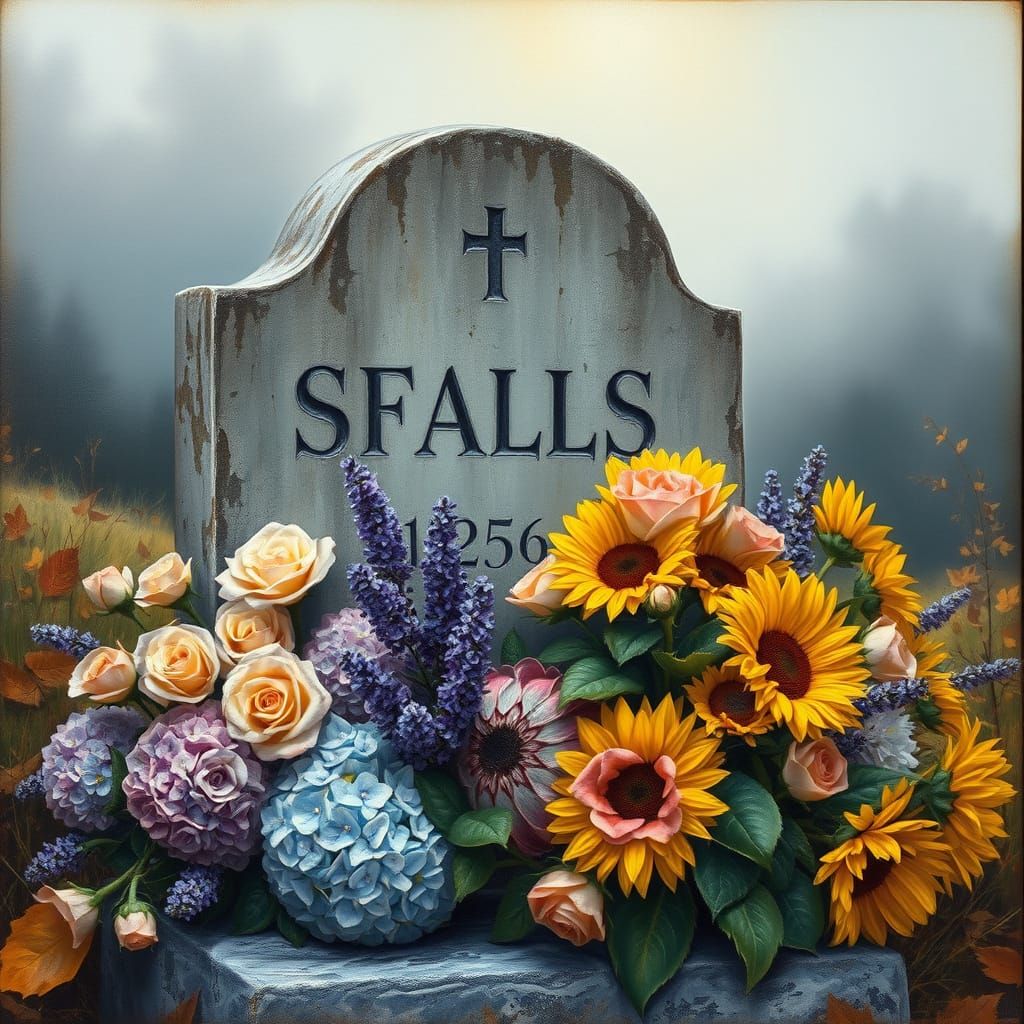 Vintage Floral Elegy on a Weathered Headstone