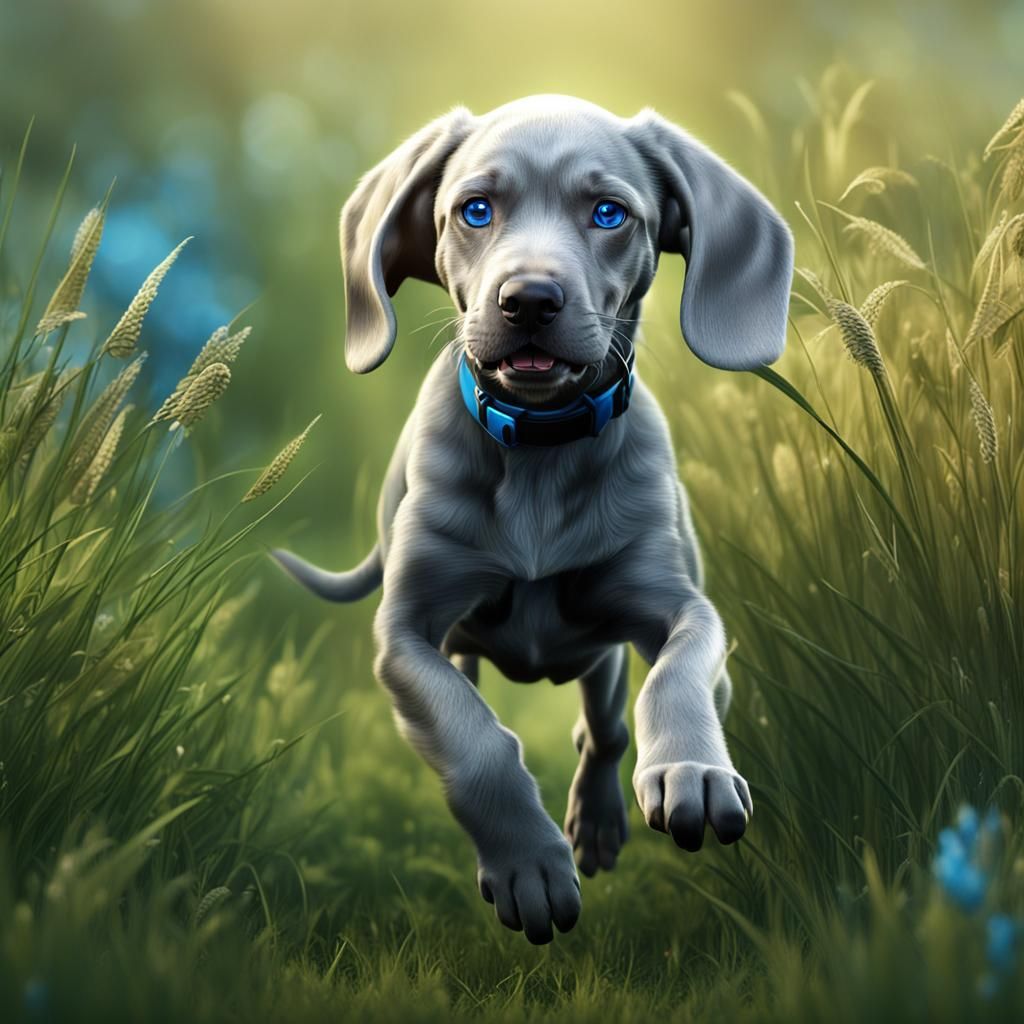 Weimaraner Puppy Running in Grass, Digital Art