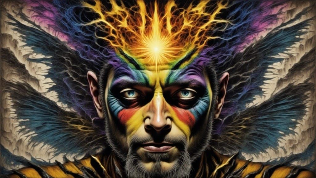 Fractal Faced Man with Bat Wings and Rainbow Tattoos