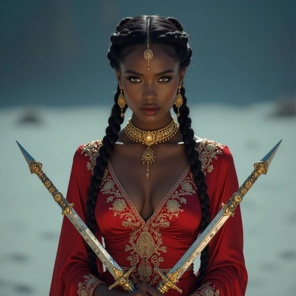 Majestic Dark Goddess in Crimson Dress