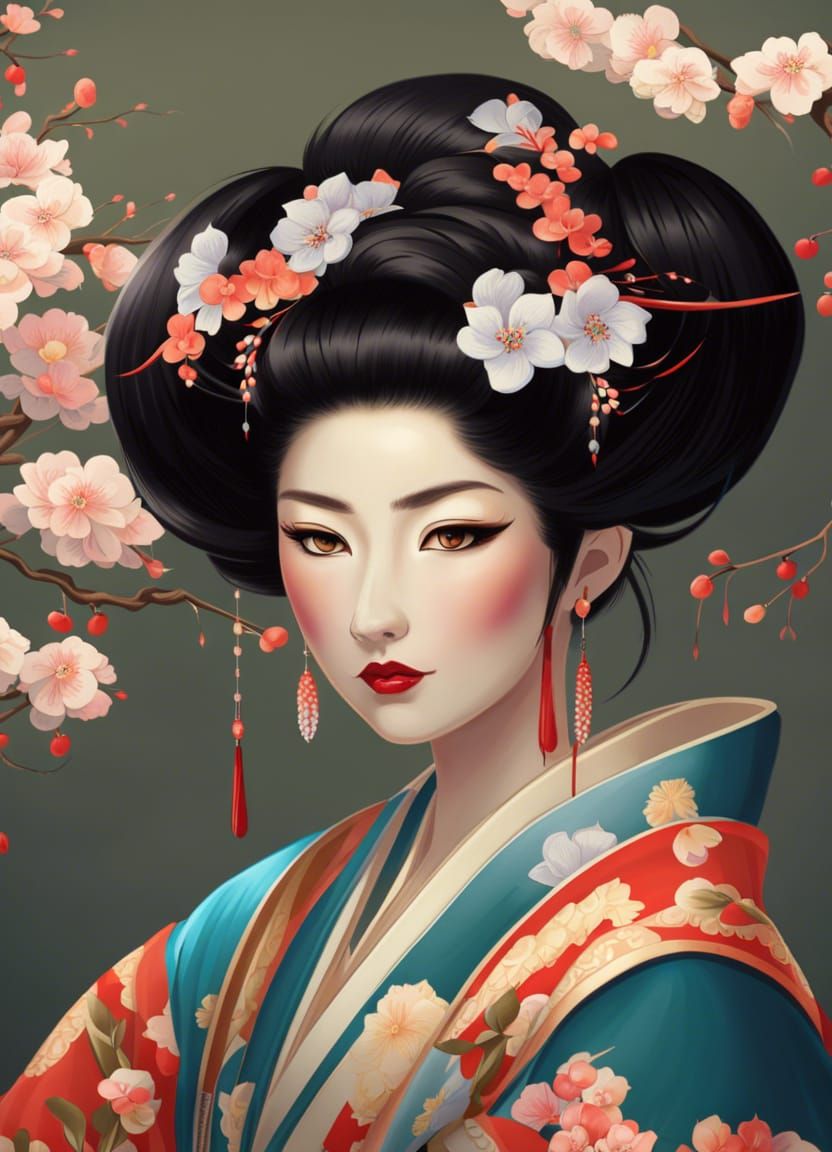 Kabuki Woman with Cherry Blossoms, Ghibli-Style