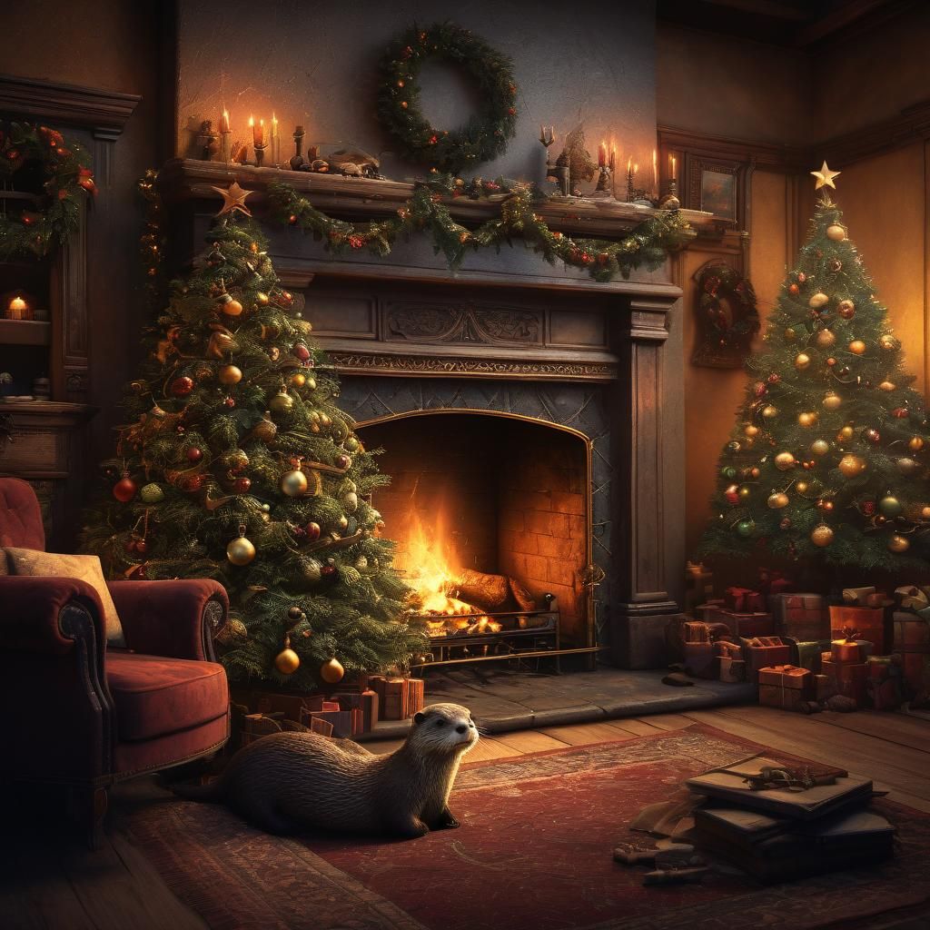 Festive Otter Decorates Christmas Tree: Fantasy Concept Art