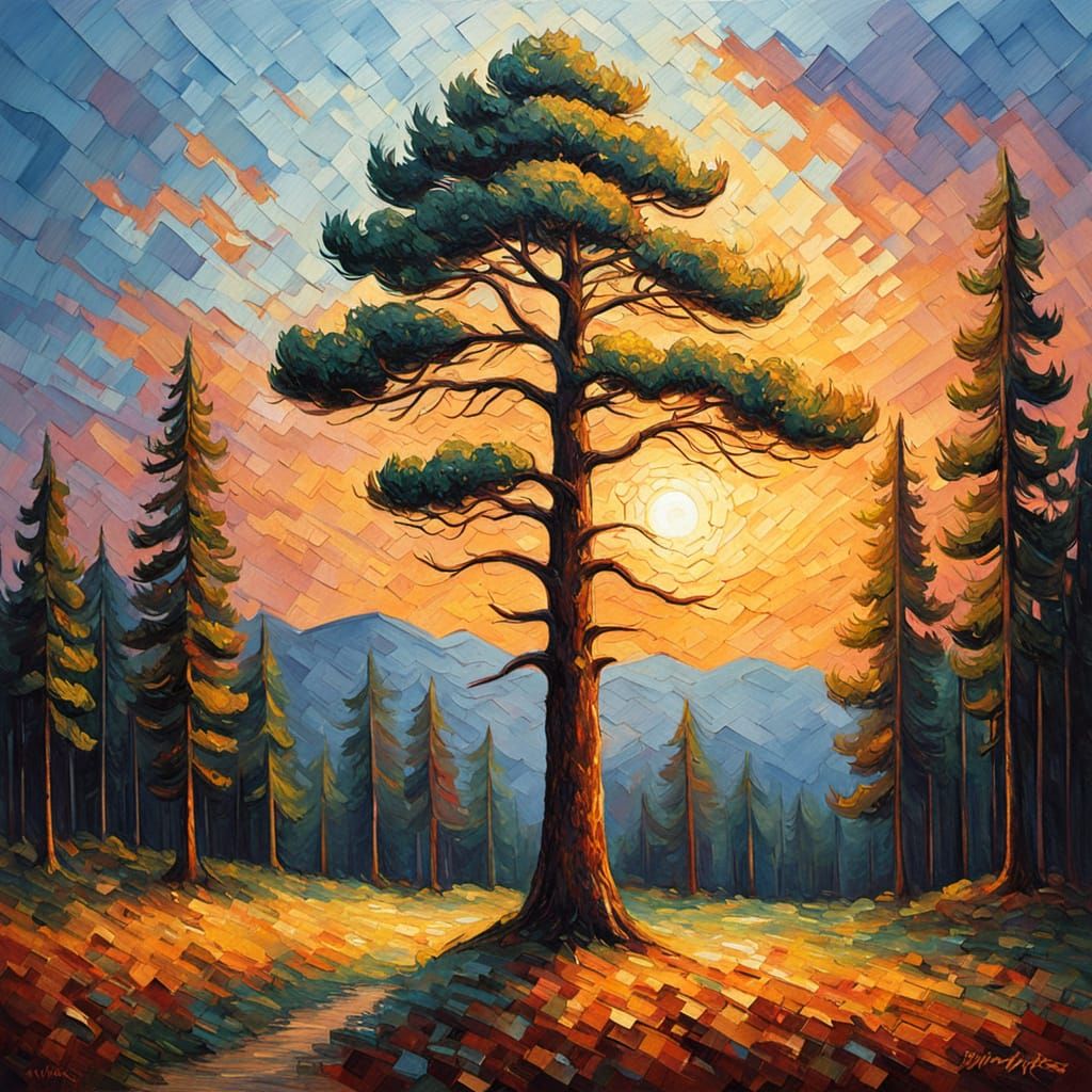Neo-Impressionist Oil Painting of Manna Raining on Pine Tree