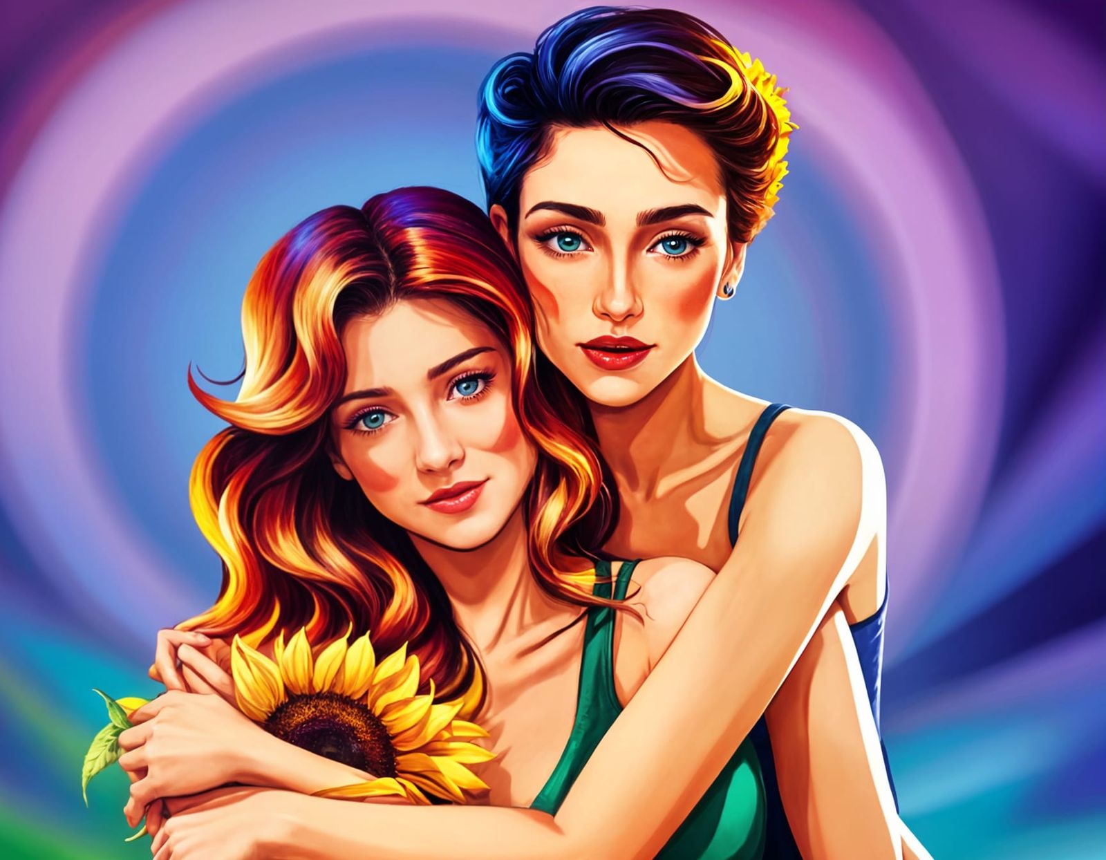 Romantic Embrace: LGBTQ Pride Portrait with Rainbow