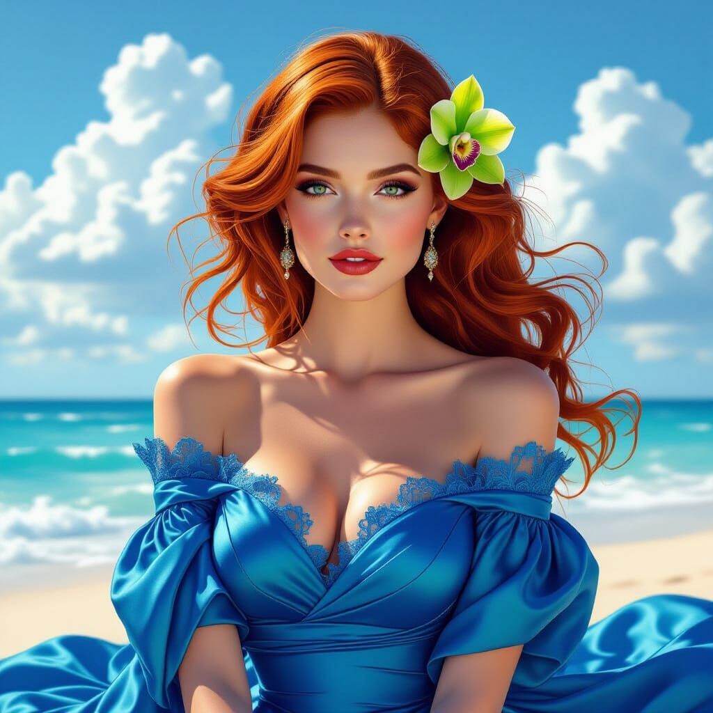 Redhead in Blue Gown: Glamorous 3D Digital Art