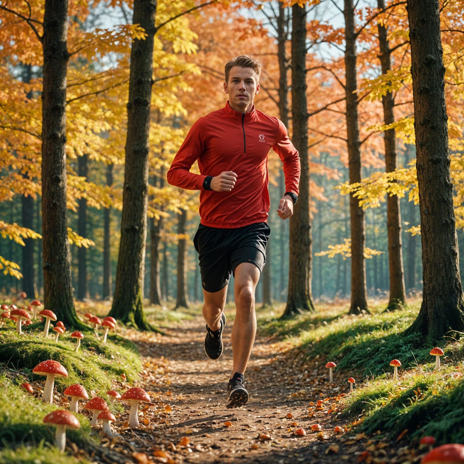 Athlete Running in Autumn Park with Fly Agaric: Hyperrealism