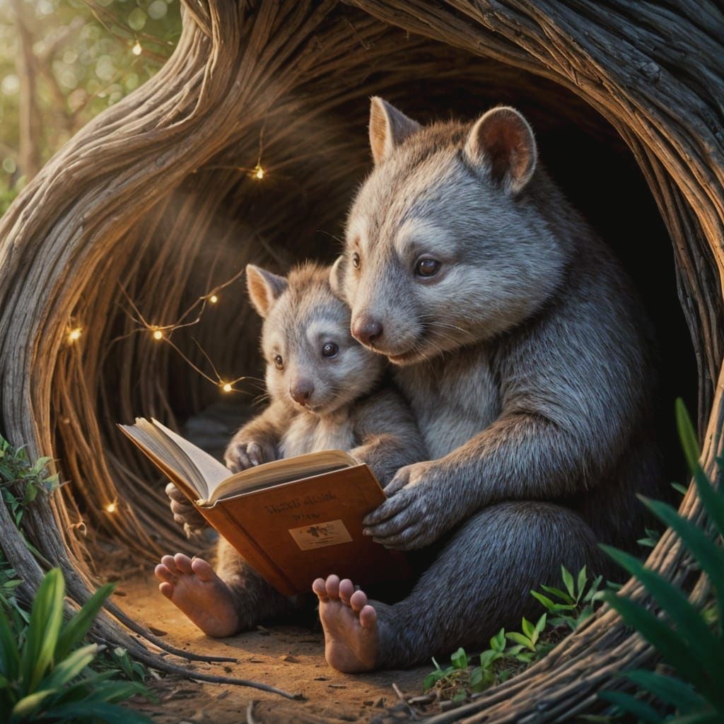 Wombat Father Reads to Baby in Cozy Burrow